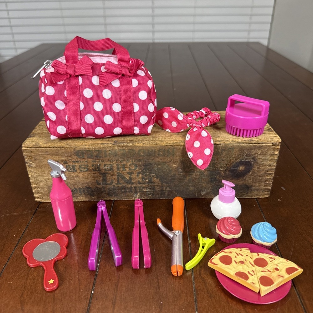 Our Generation Pizza Party Sleepover Accessories Polka Dot Bag Flat Iron Curler